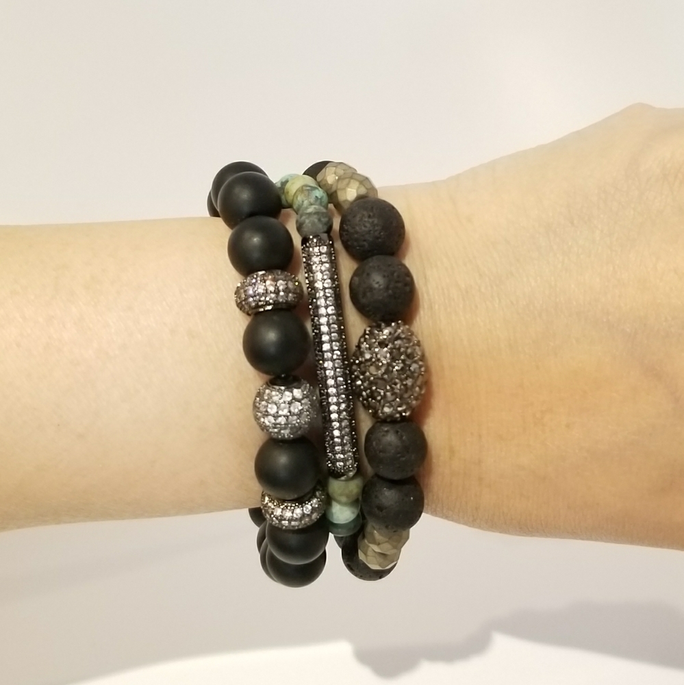 NEW Natural Black Stones Pave CZ Stretch Bracelet - Picture 5 of 5